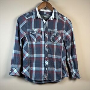 BKE Boys Plaid Button Down‎ Shirt Gray Red Blue Western Style Size M